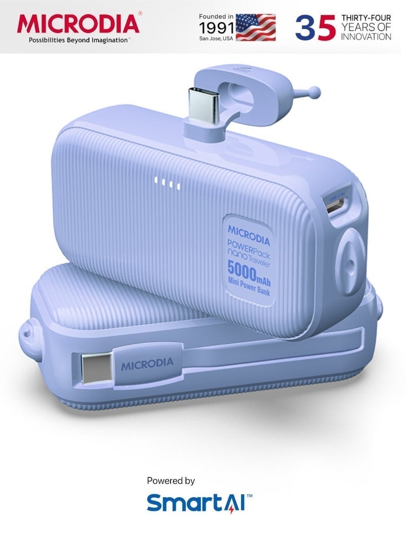 MICRODIA PowerPack 2-in-1 20W Mini Power Bank, Built-in USB-C Connector, 5000mAh – Compact Portable Charger for iPhone 16 Pro Max, Samsung S24 Ultra, etc – Purple - Image 1